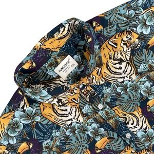 Tunevuse Shirt Mens 4XL Blue Tiger‎ Toucan Floral Print Short Sleeve Button-Down